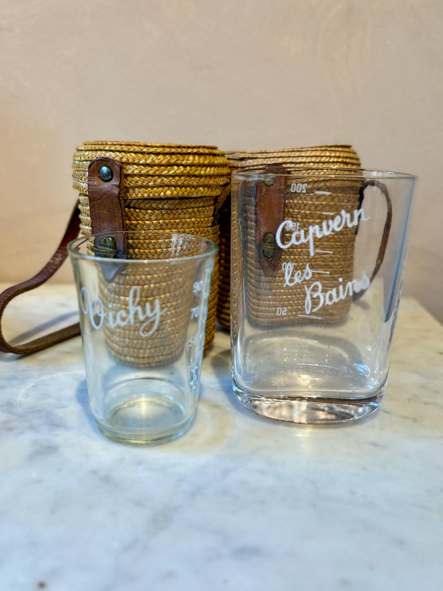 Vintage Basket Flasks from Thermal French Spa Towns