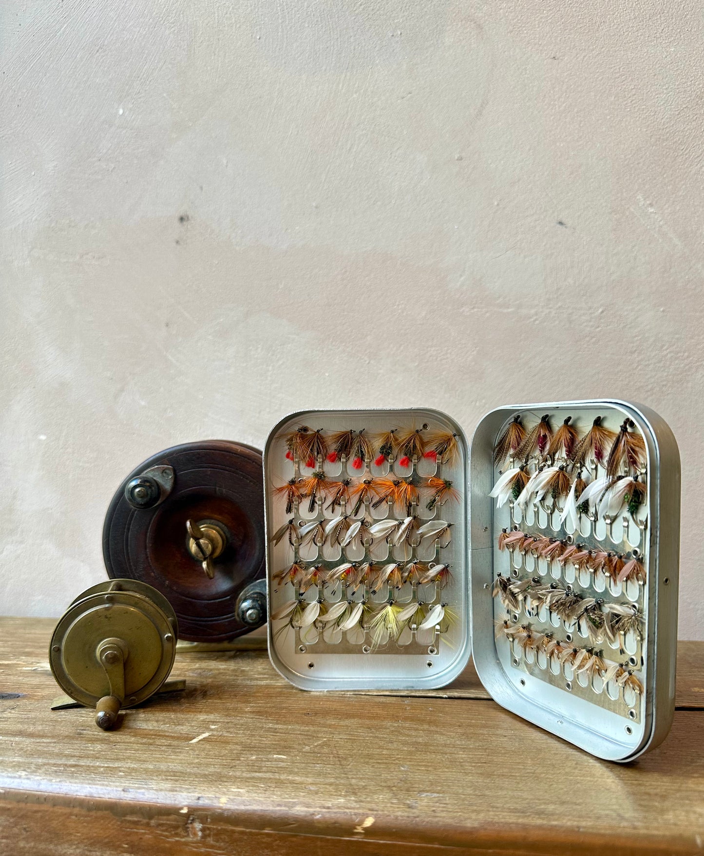 Vintage Aluminium Fly Fishing Box with Hand-Tied Flies