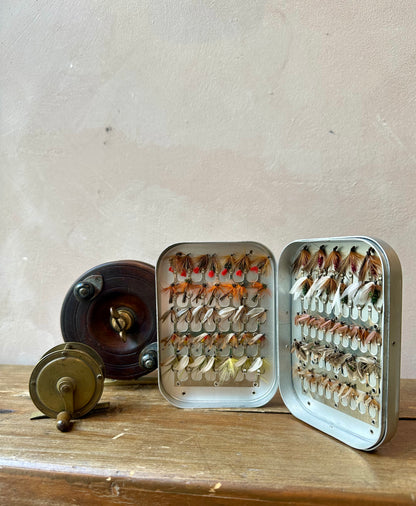 Vintage Aluminium Fly Fishing Box with Hand-Tied Flies