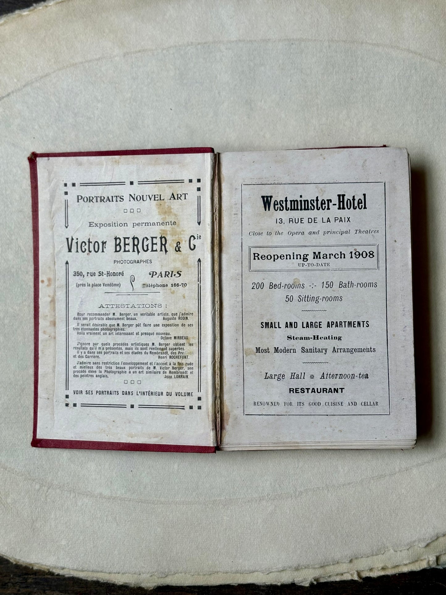 Antique 1911 Paris Guide — Hôtel Westminster