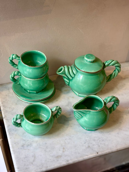 Vintage Vallauris Tea Set in Green Glazed Ceramic