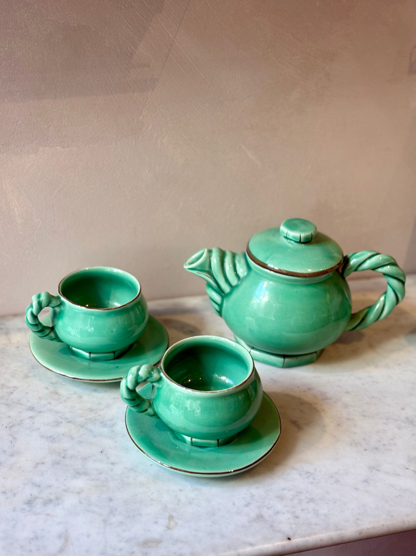 Vintage Vallauris Tea Set in Green Glazed Ceramic