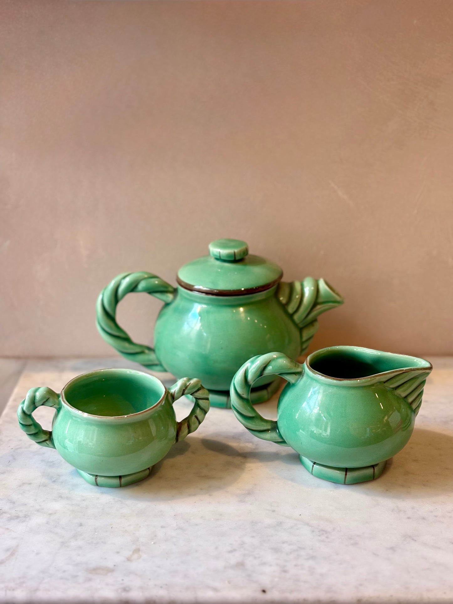 Vintage Vallauris Tea Set in Green Glazed Ceramic