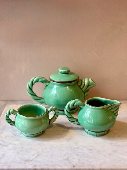 Vintage Vallauris Tea Set in Green Glazed Ceramic