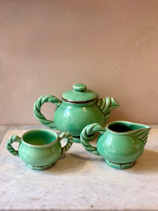 Vintage Vallauris Tea Set in Green Glazed Ceramic